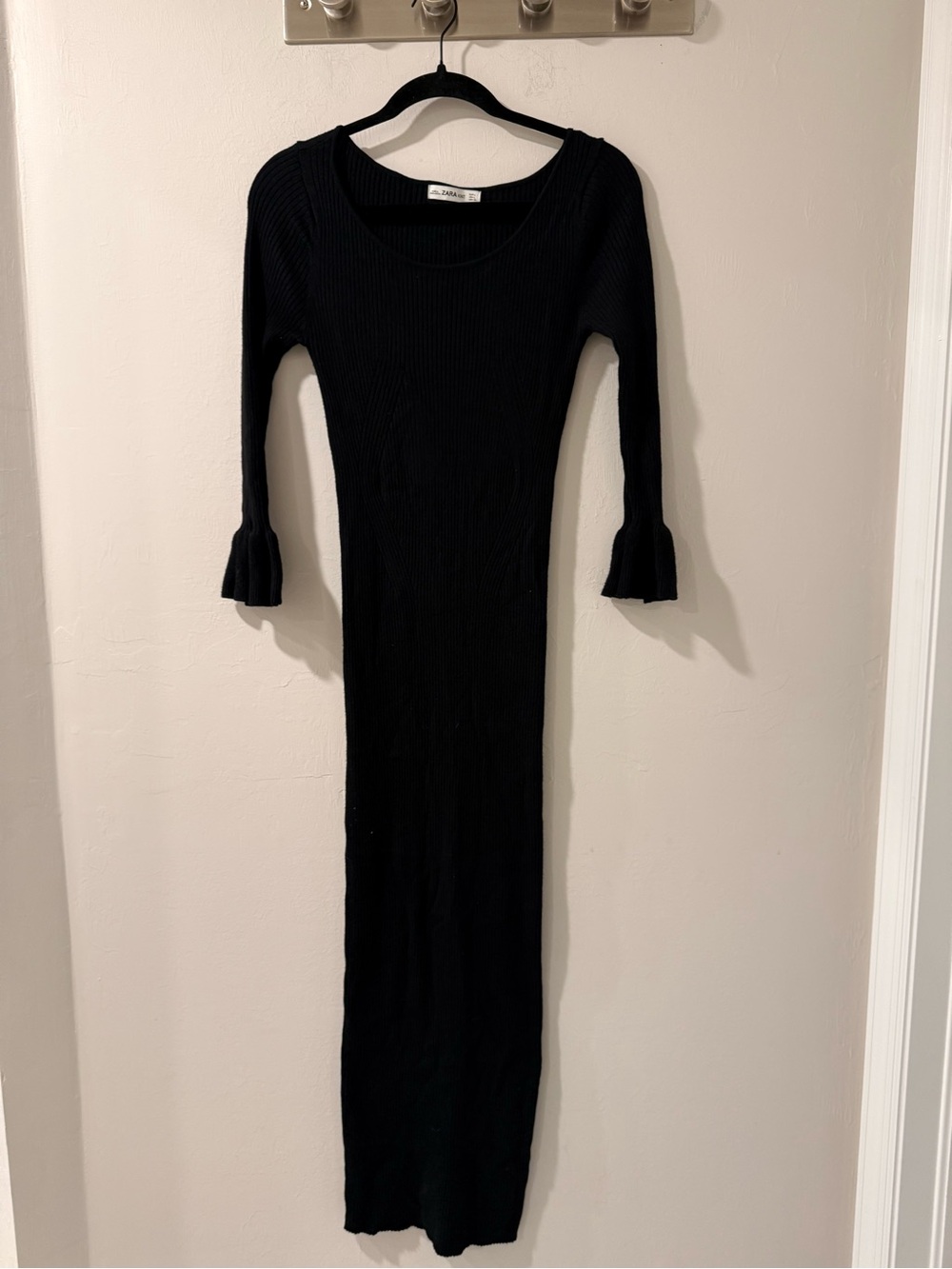 Zara Black Ribbed Maxi Dress with Fluted Sleeve Cuffs Bodycon Mermaid